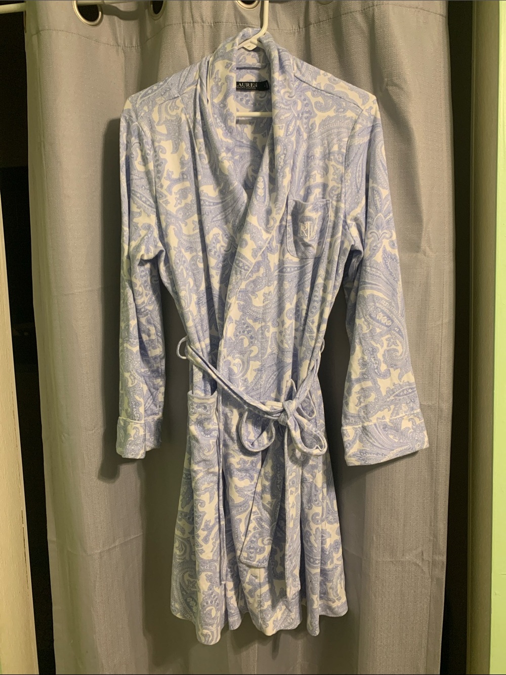 Lauren Ralph Lauren Light Blue and White Paisley Wrap Robe